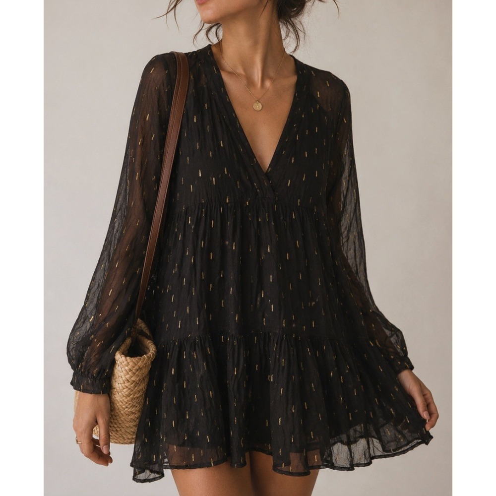 NEW Sezane Stella Robe Dress Gris Grey Gold Lurex Metallic Tiered Mini V-Neck 42